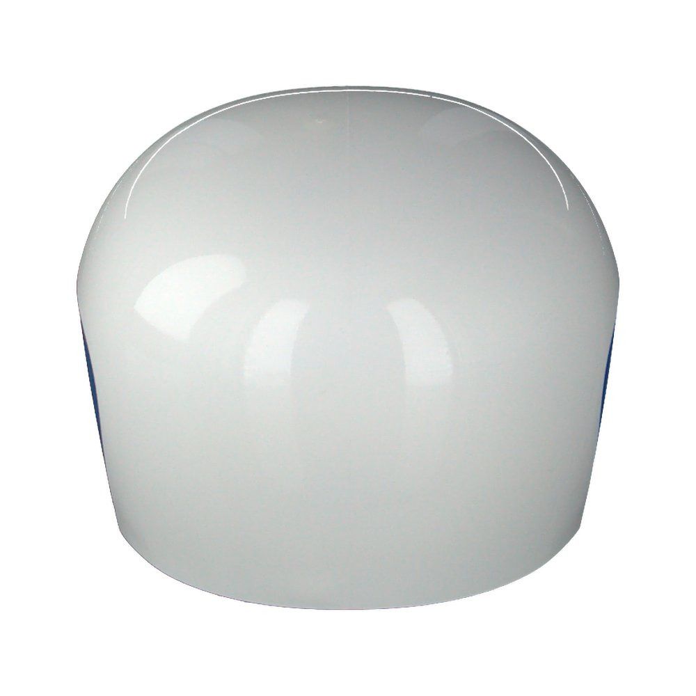Couvercle blanc et bleu, vue arrière. Forme ovale, surface brillante. Côtés bleus.