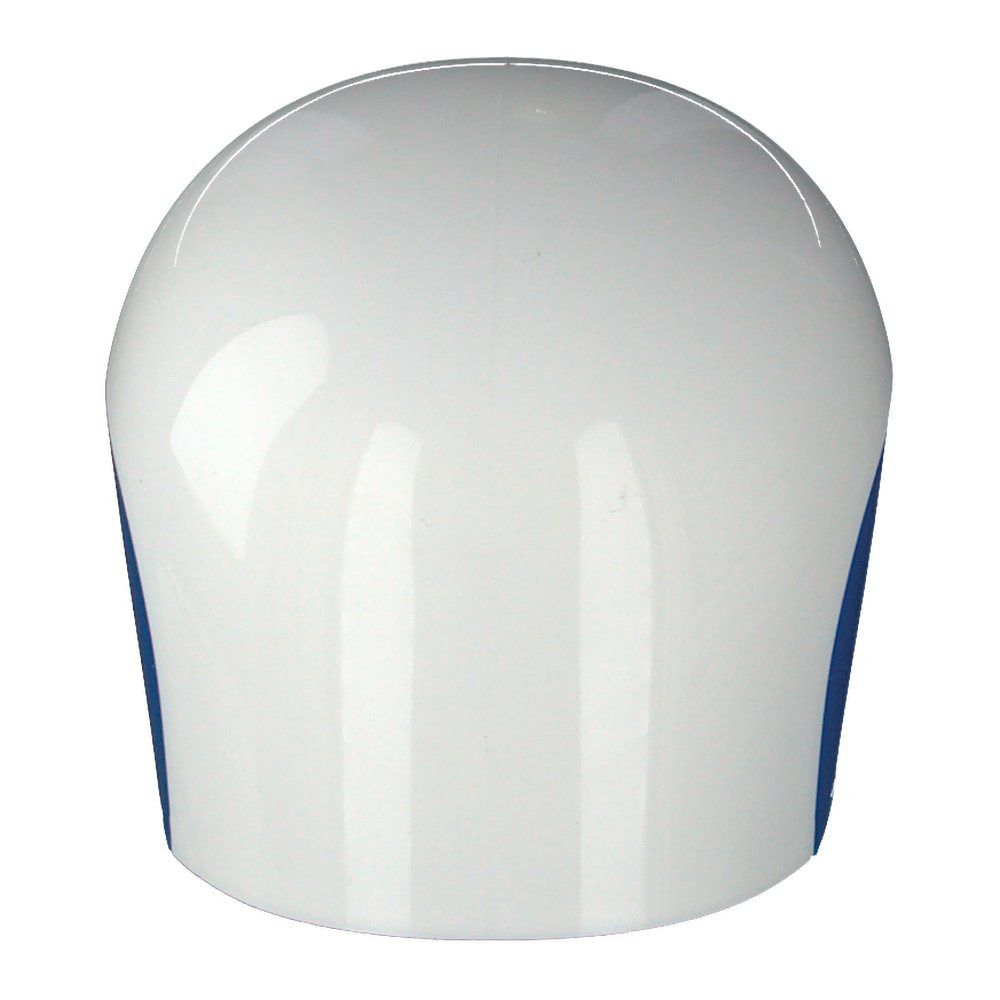 Couvercle blanc et bleu, vue arrière. Forme ovale, surface brillante. Côtés bleus.