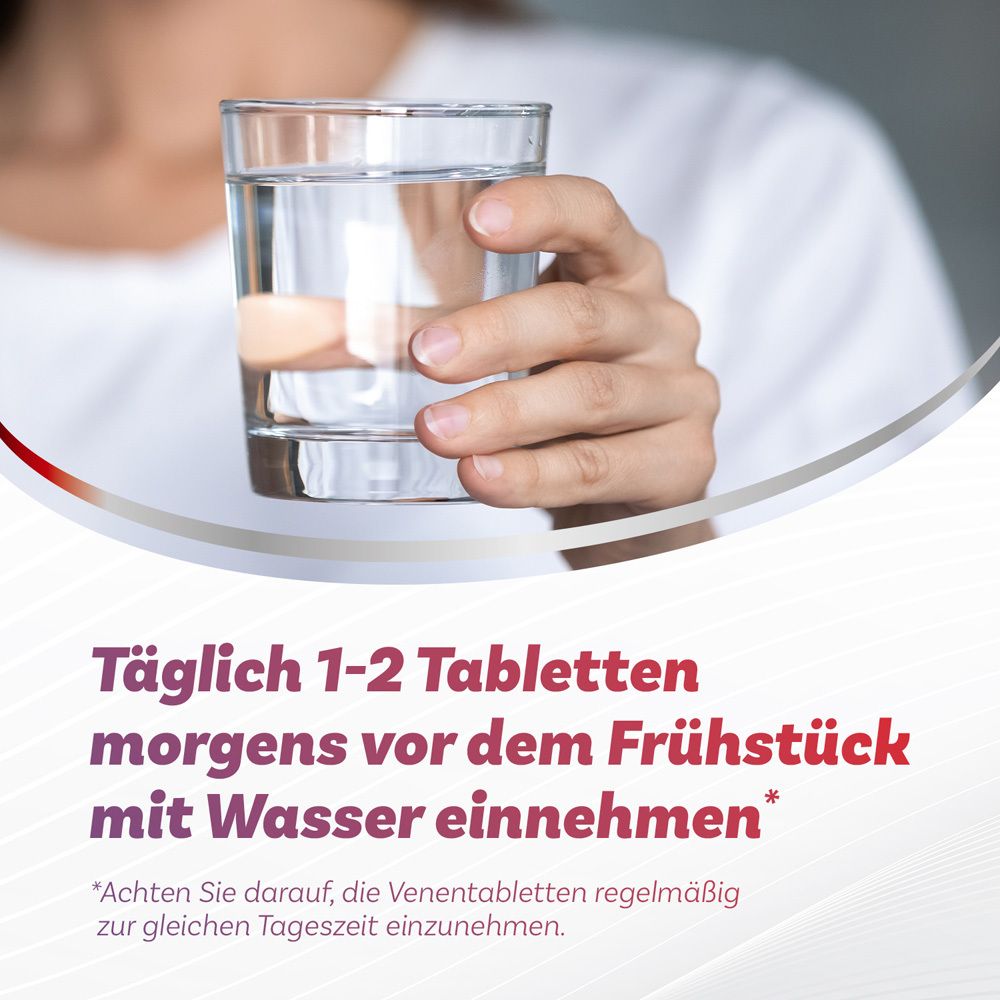 Person hält Glas Wasser. Text: Täglich 1-2 Tabletten morgens vor dem Frühstück mit Wasser einnehmen.