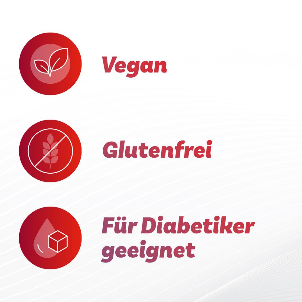 Drei rote Kreise mit Text. Text: Vegan. Glutenfrei. Für Diabetiker geeignet.