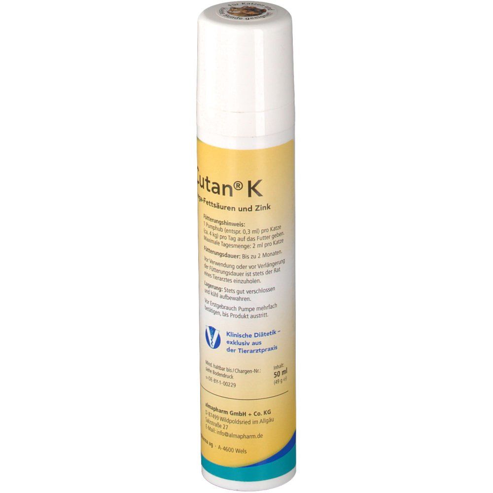 Weiße Sprühflasche mit gelber Beschriftung. Aufschrift: AlmaCutan® K, Fettsäuren und Zink. Produktinformationen und Logo.
