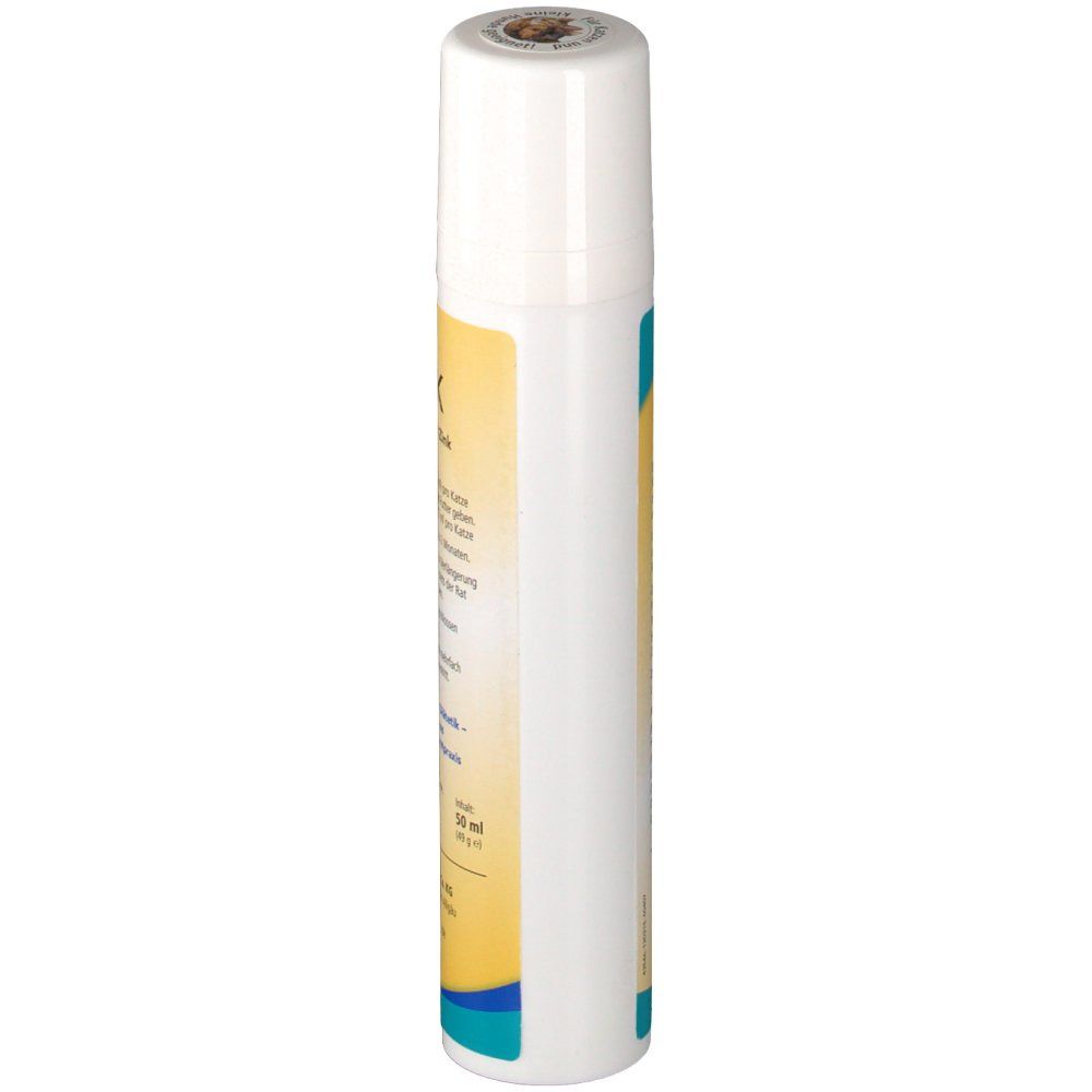 Weiße Sprühflasche mit gelb-blauer Beschriftung. Aufschrift: AlmaCutan® K, 50 ml. Produktinformationen und Logo.