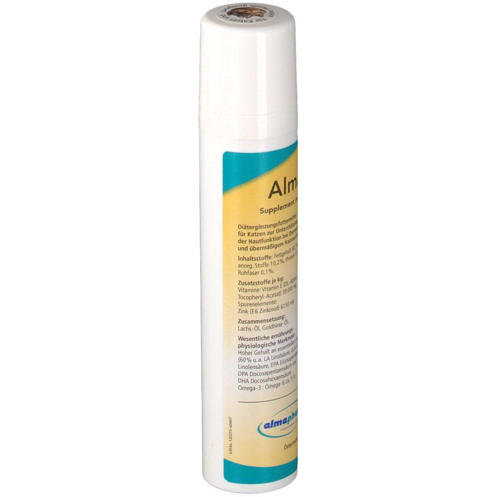 Weiße Sprühflasche mit gelb-blauer Beschriftung. Aufschrift: AlmaCutan®, Supplement. Produktinformationen und Logo.