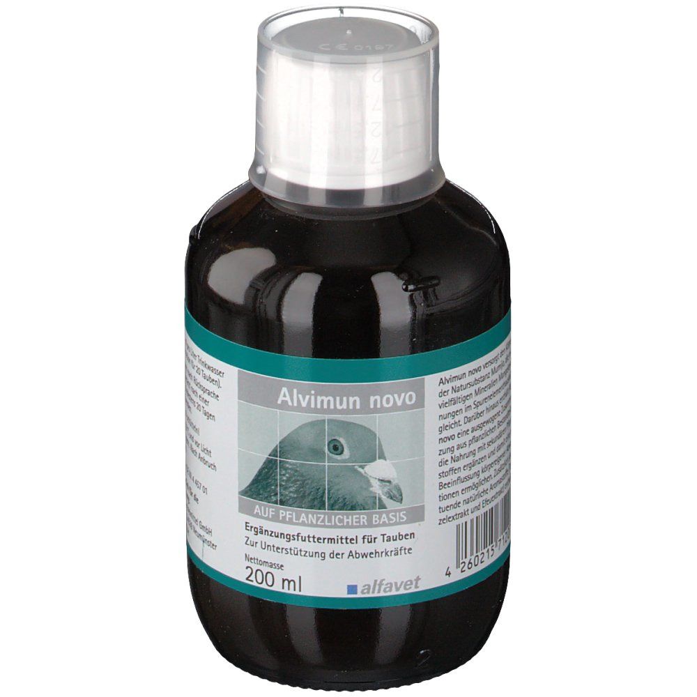Braune Flüssigkeit in einer Flasche mit weißem Deckel. Etikett mit Produktnamen, Taube und Text. 200 ml.