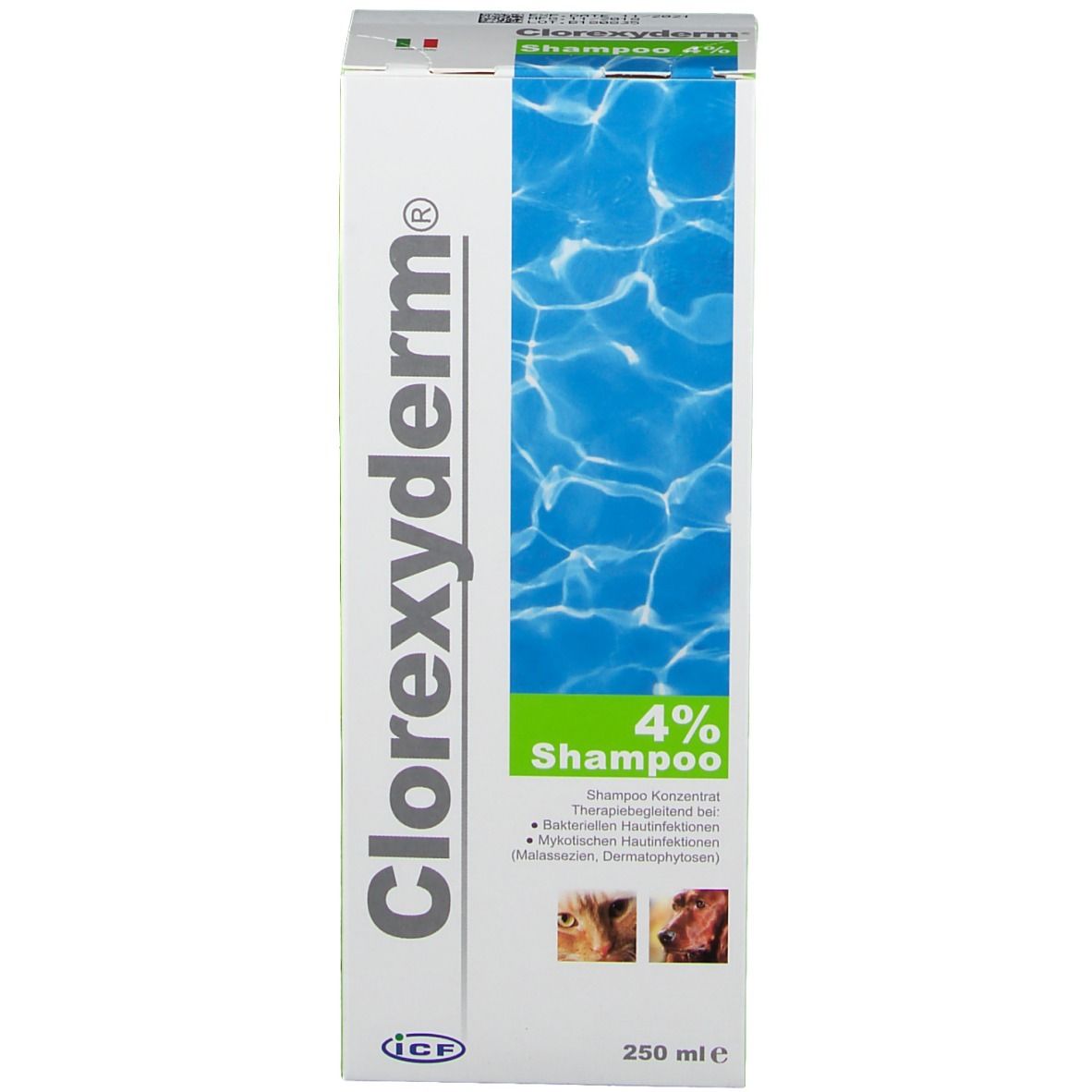 Vorderseite des Kartons Clorexyderm® Shampoo 4%. Aufdruck: 250 ml, Shampoo, Hunde- und Katzenbilder.