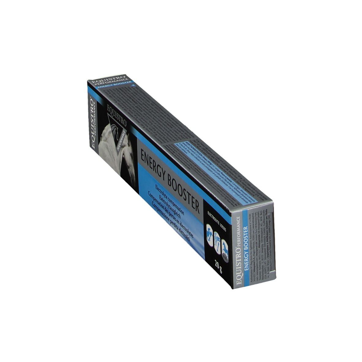 Schachtel Equistro Energy Booster. Text: Elektrolytausgleich. 20 g. Perspektivische Ansicht.