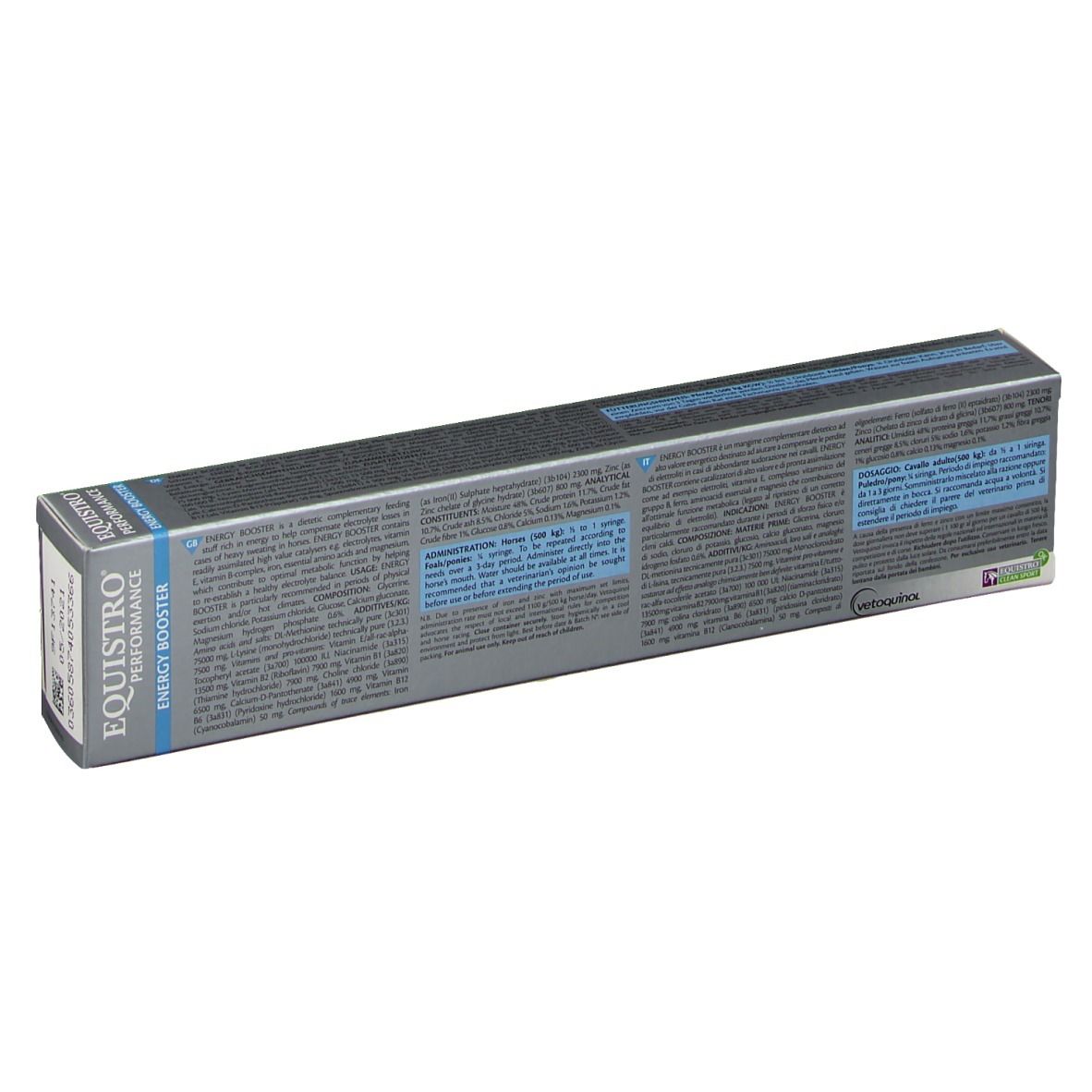 Rückseite der Schachtel Equistro Energy Booster. Text in mehreren Sprachen. Blaue Textfelder.