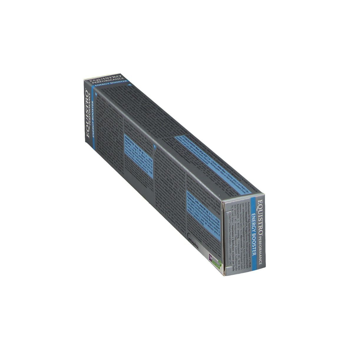 Perspektivische Ansicht der Schachtel Equistro Energy Booster. Text in mehreren Sprachen. Blaue Textfelder.