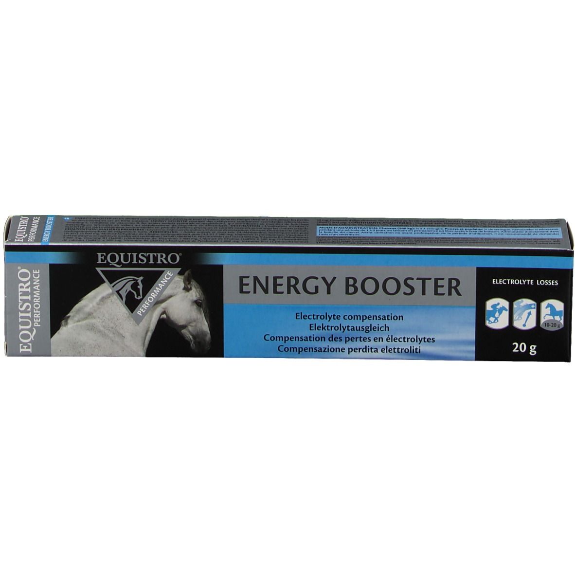 Schachtel Equistro Energy Booster. Text: Elektrolytausgleich. 20 g. Abbildung eines Pferdekopfes.