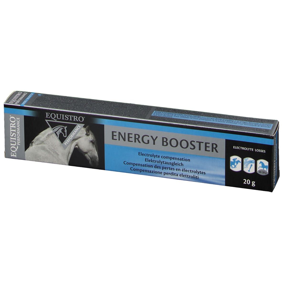 Schachtel Equistro Energy Booster. Text: Elektrolytausgleich. 20 g. Abbildung eines Pferdekopfes.