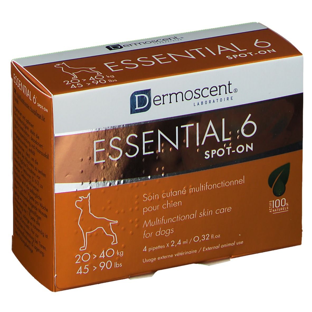 Multifunktionale Hautpflege für Hunde. Verpackung mit Produktnamen und Logo. Enthält 4 Pipetten. Gewichtsklasse: 20-40 kg und 45-90 lbs.