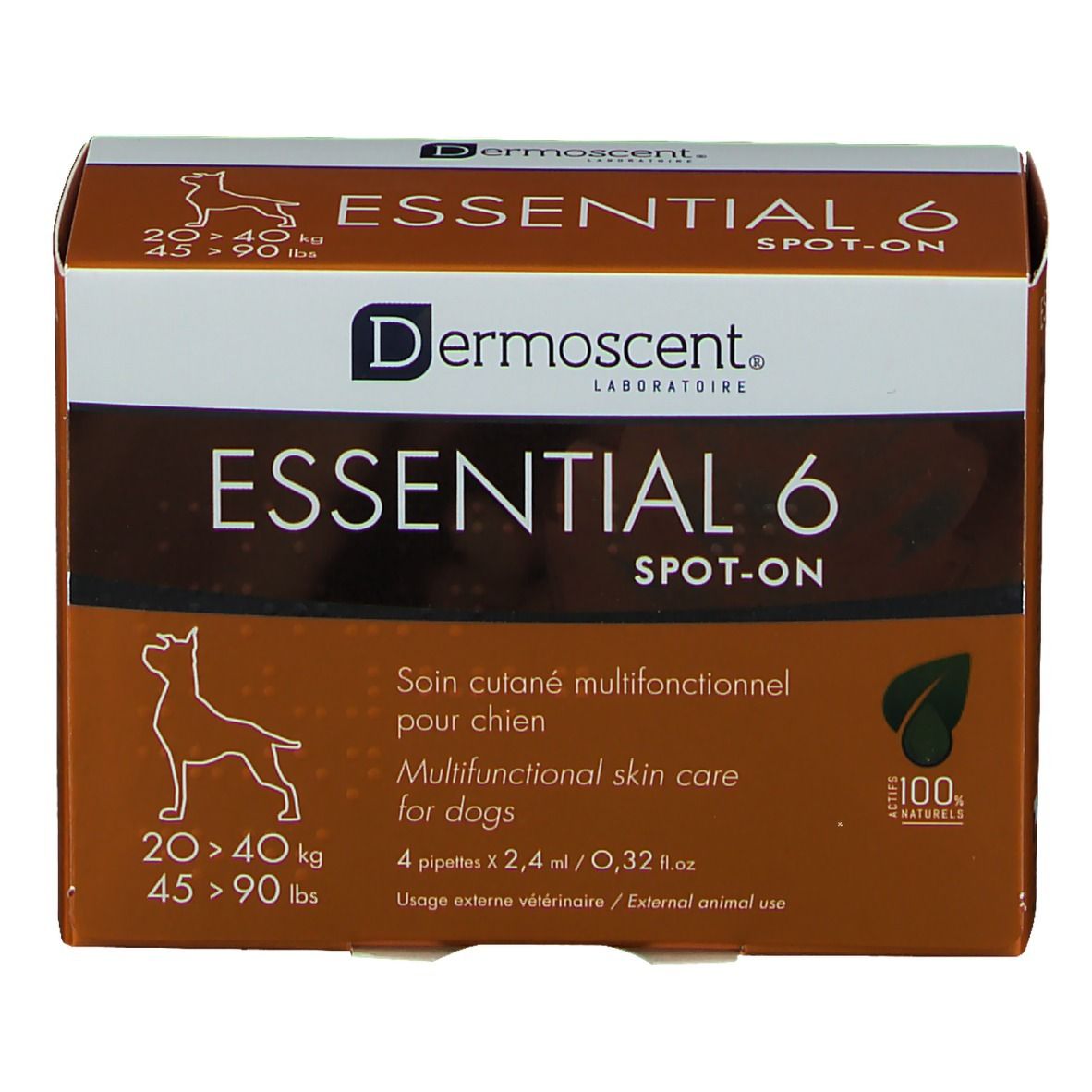 Verpackung mit Produktnamen und Logo. Enthält 4 Pipetten. Gewichtsklasse: 20-40 kg und 45-90 lbs. Grün-weißes Logo.