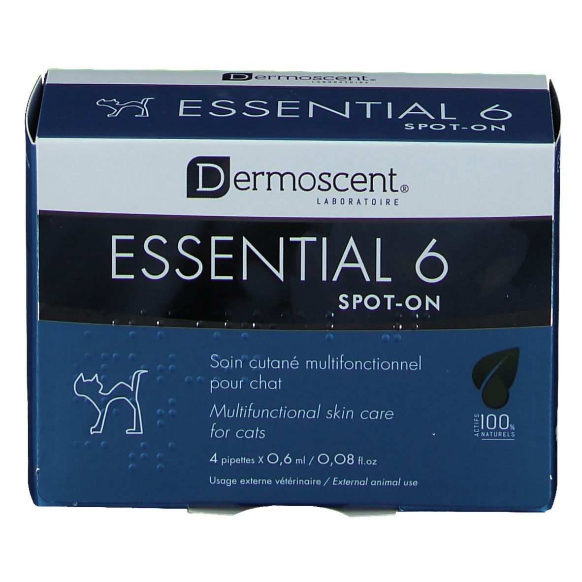 Schachtel "ESSENTIAL 6 SPOT-ON" für Katzen. Blaue und weiße Verpackung mit Produktinformationen und Logo.