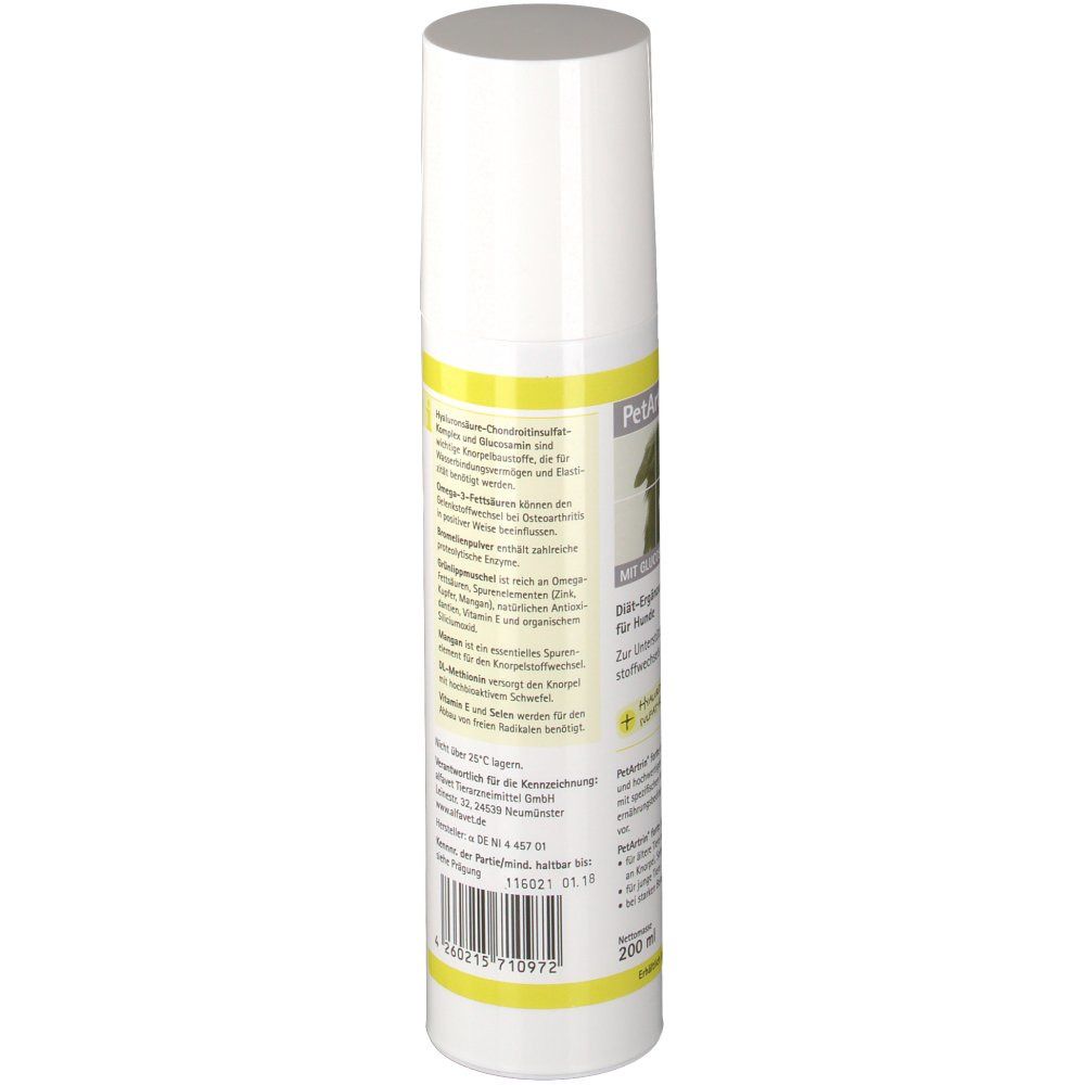 Weiße Flasche, Seitenansicht mit Text. Gelbes Band am oberen und unteren Rand. Volumen: 200 ml.