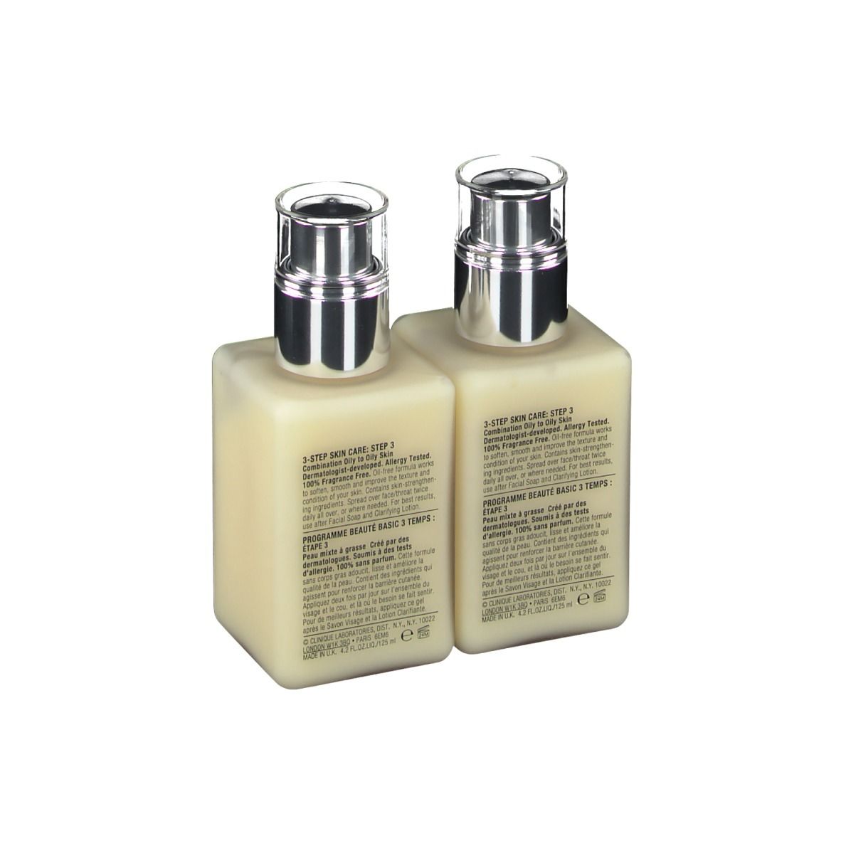 Zwei quadratische Flaschen mit silbernen Pumpaufsätzen. Auf der Rückseite Text. CLINIQUE und "dramatically different moisturizing gel".