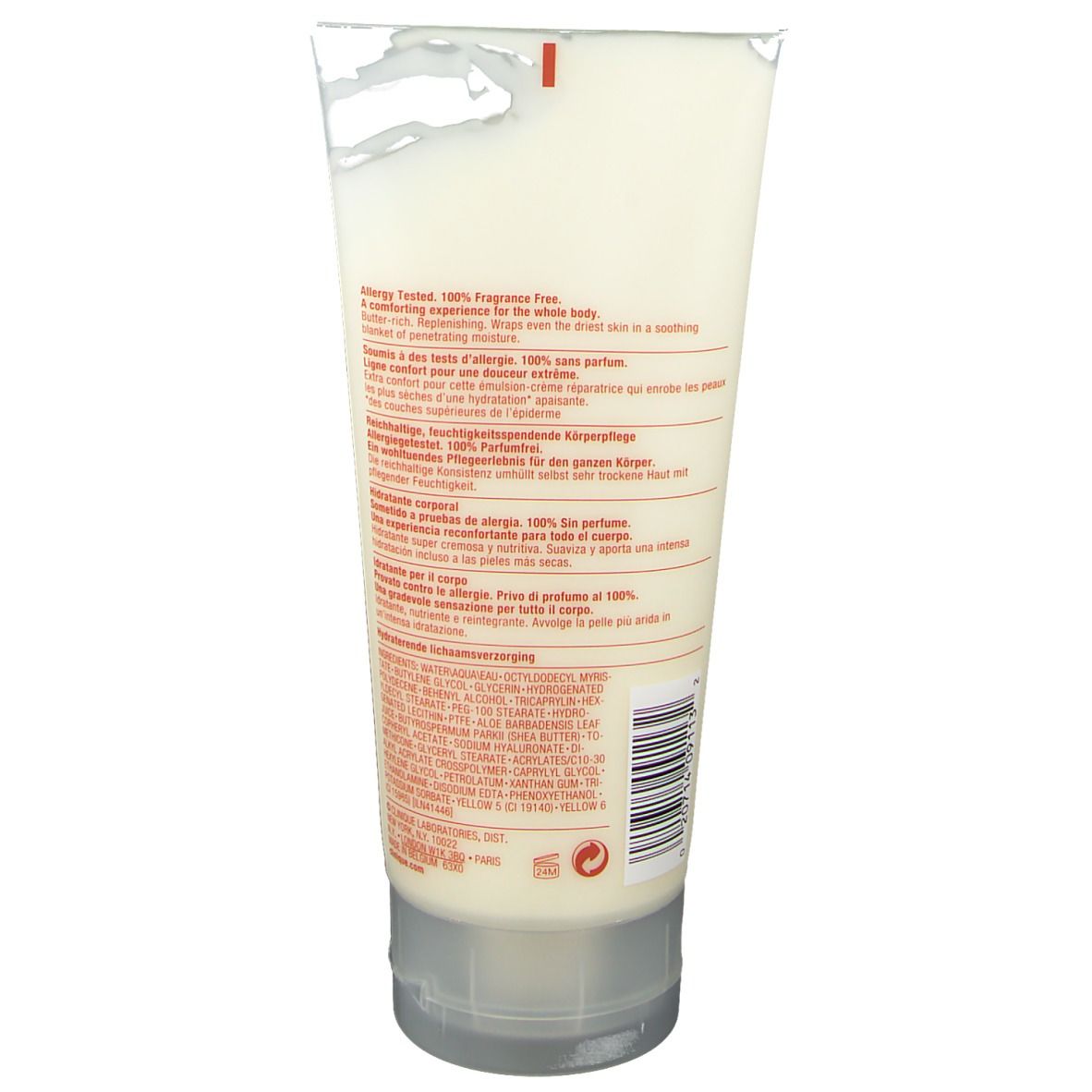 Creme-Tube, weiß-beige, mit Text und Barcode. Transparenter Verschluss. Roter Streifen oben.