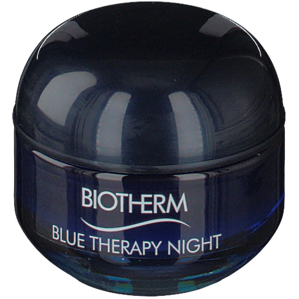 Blaues Tiegel mit Deckel. Aufschrift: BIOTHERM BLUE THERAPY NIGHT.