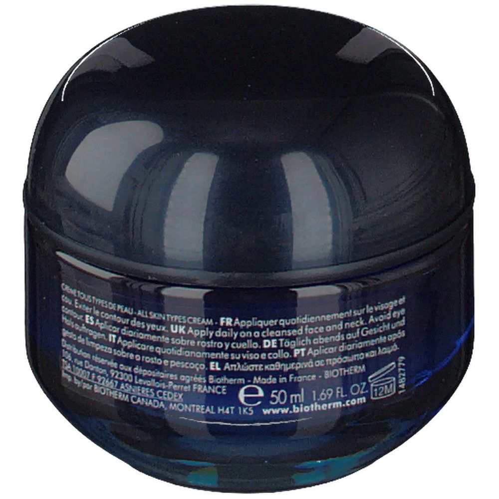 Blauer Tiegel mit Deckel. Text auf der Rückseite.