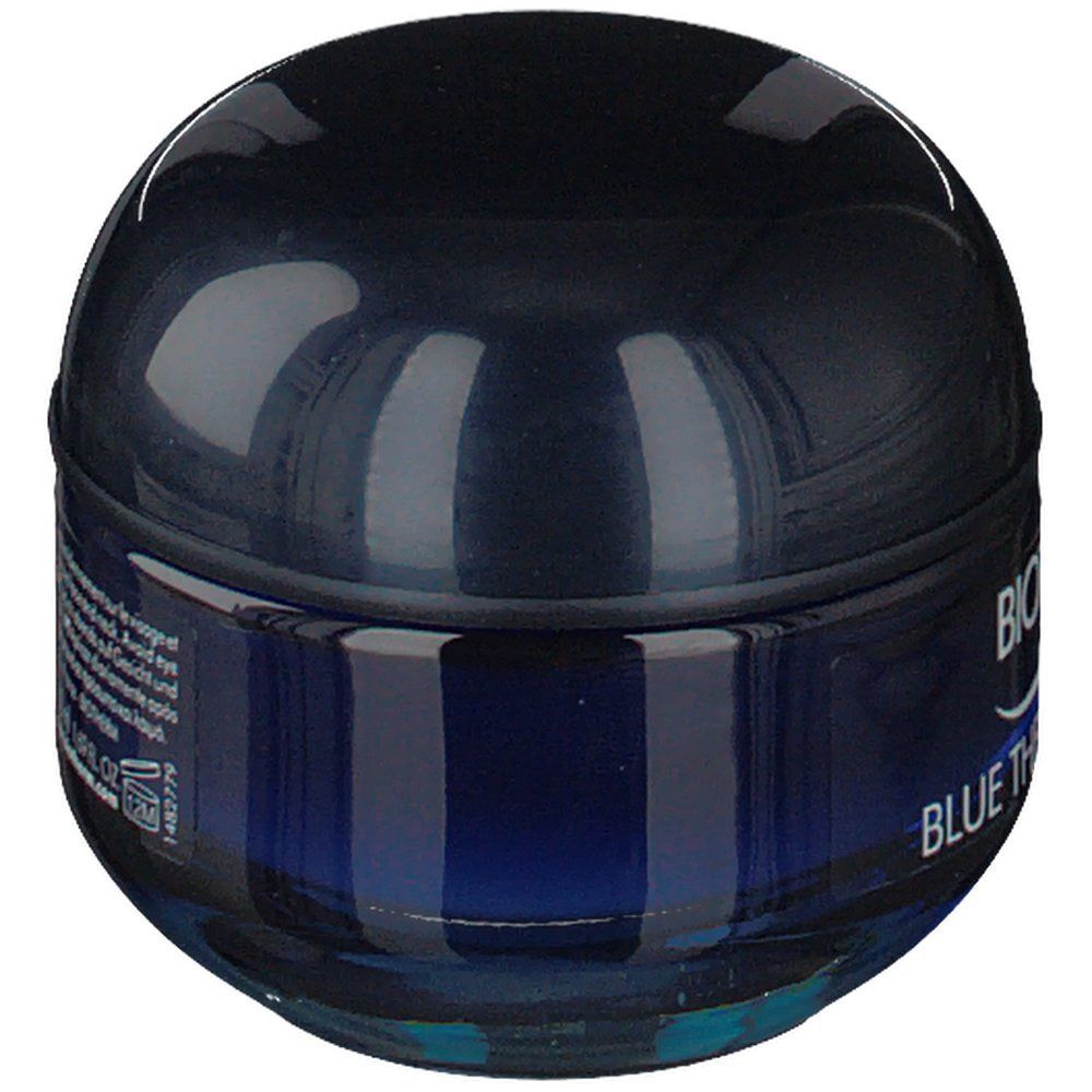Blauer Tiegel mit Deckel. Aufschrift: BIOTHERM BLUE THERAPY NIGHT.