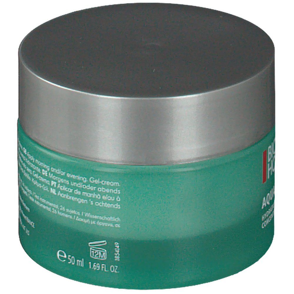 Grünes Glas mit silbernem Deckel. Aufschrift: BIOTHERM HOMME, AQUAPOWER 72H, 50 ml, 1.69 FL. OZ.