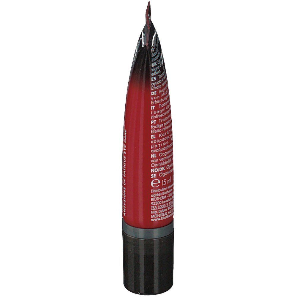 Seitenansicht des Tubus. Roter Körper, schwarzer Deckel. Text in mehreren Sprachen. Aufschrift: 15 ml.