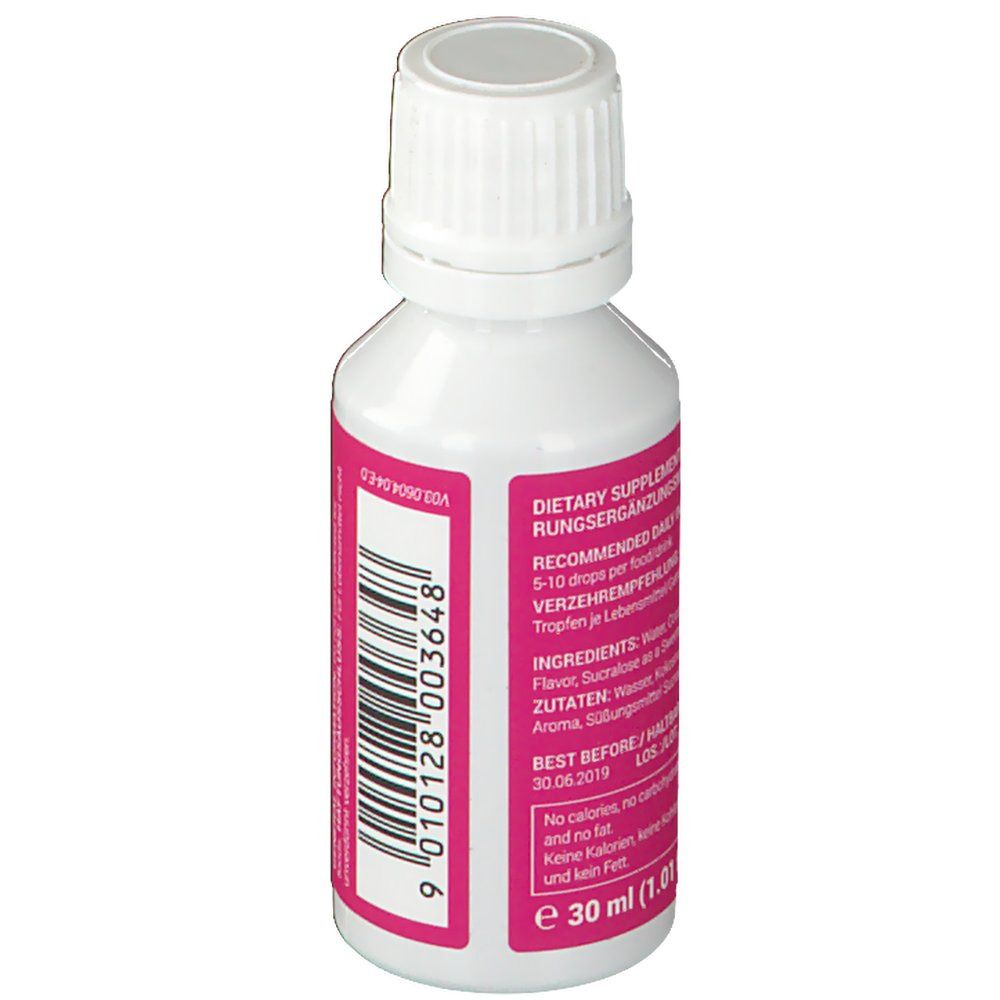 Weiße Flasche mit rosa Etikett. Aufschrift: WOMEN'S BEST, Flavor Drops Coconut. Zutatenliste und Haltbarkeitsdatum.