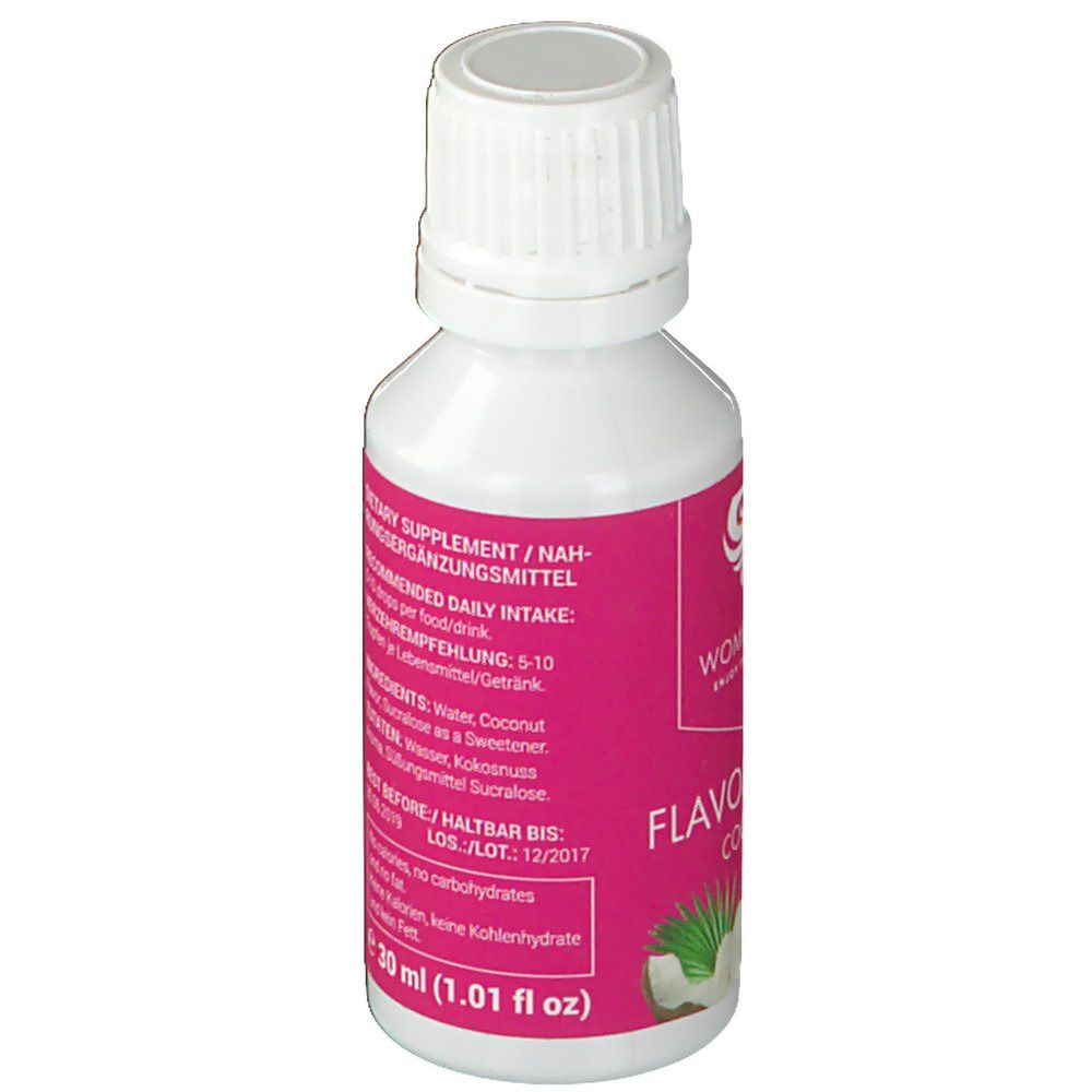 Weiße Flasche mit rosa Etikett. Aufschrift: WOMEN'S BEST, Flavor Drops Coconut. Zutatenliste und Haltbarkeitsdatum.