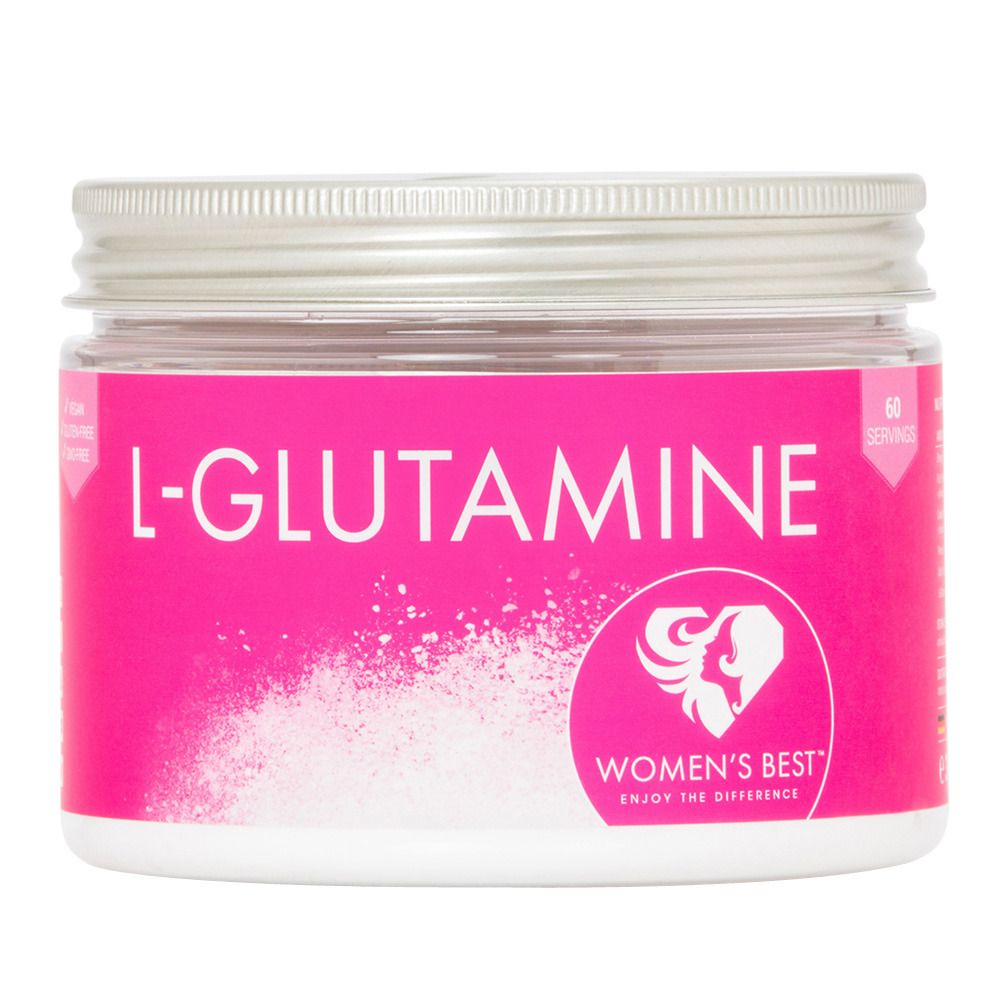 Dose mit L-Glutamin-Pulver. Rosa Etikett mit weißer Schrift: L-Glutamin. Logo von Women's Best. Silberner Deckel. 60 Portionen.