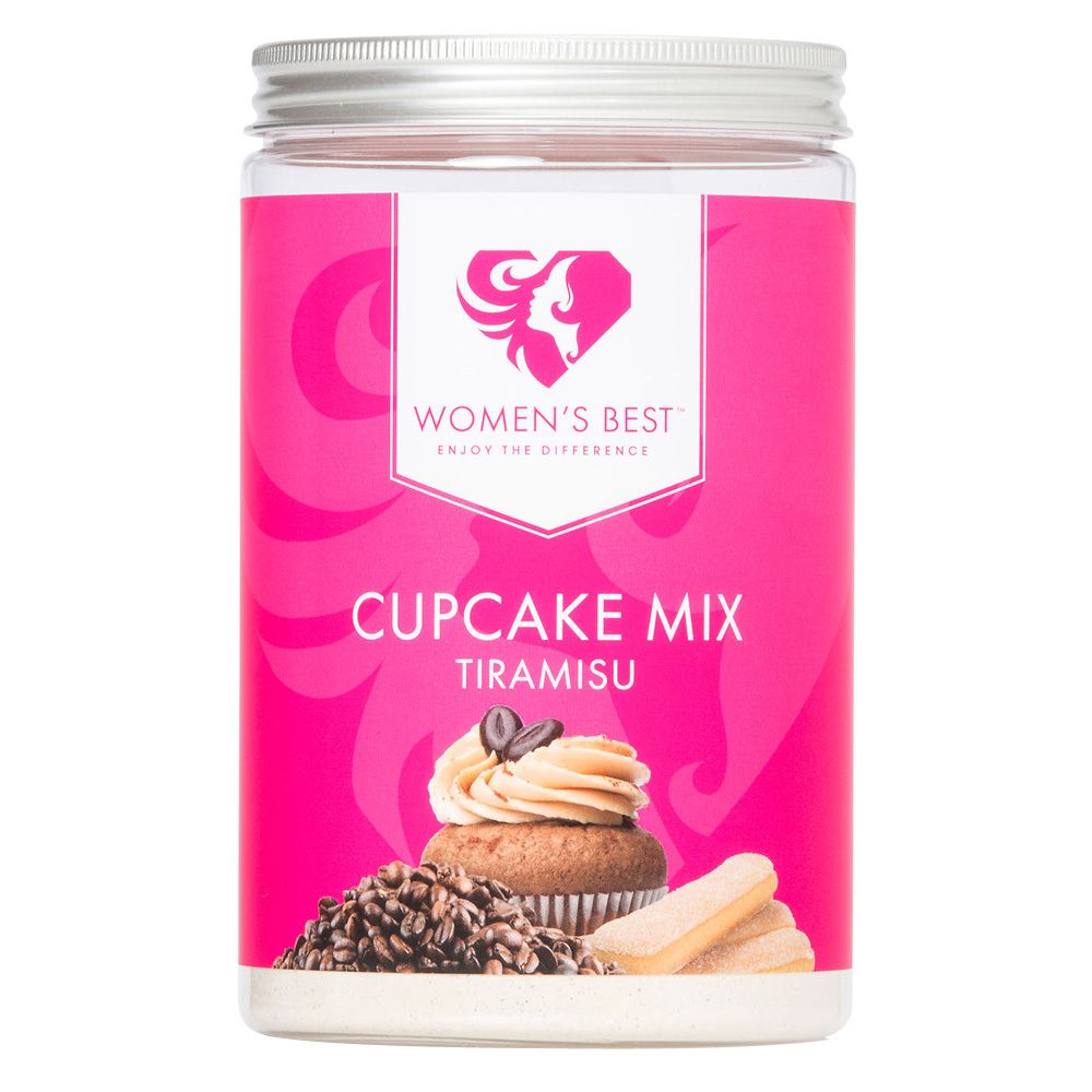 Zylinderförmige Dose mit Deckel. Aufdruck: Logo, "WOMEN'S BEST", "CUPCAKE MIX Tiramisu". Abgebildet: Cupcake, Kaffeebohnen, Löffelbiskuits.