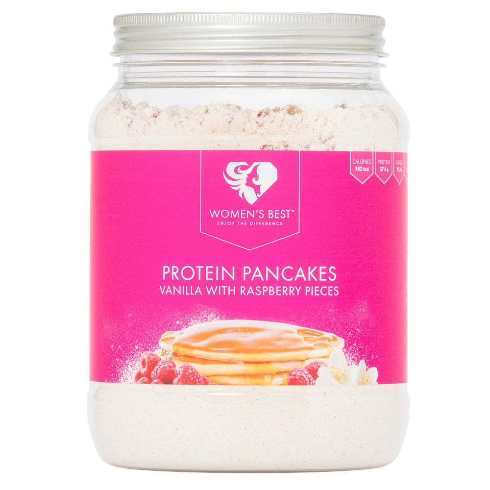 Glas mit Protein Pfannkuchen. Rosa Etikett mit Logo und Produktbezeichnung. Himbeer-Vanille-Stücke und Pfannkuchen-Abbildung.