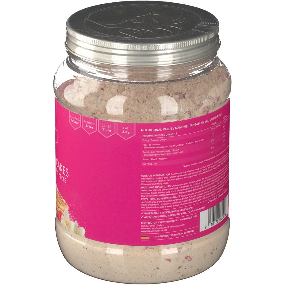 Rückseite des Protein Pfannkuchen-Glases. Rosa Etikett mit Nährwertangaben und Zutatenliste. Deckel aus Metall.