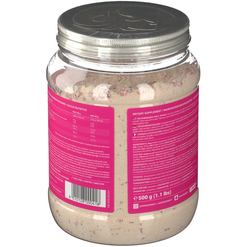 Rückseite des Protein Pfannkuchen-Glases. Rosa Etikett mit Nährwertangaben und Zutatenliste. E 500g (1.1 lbs).