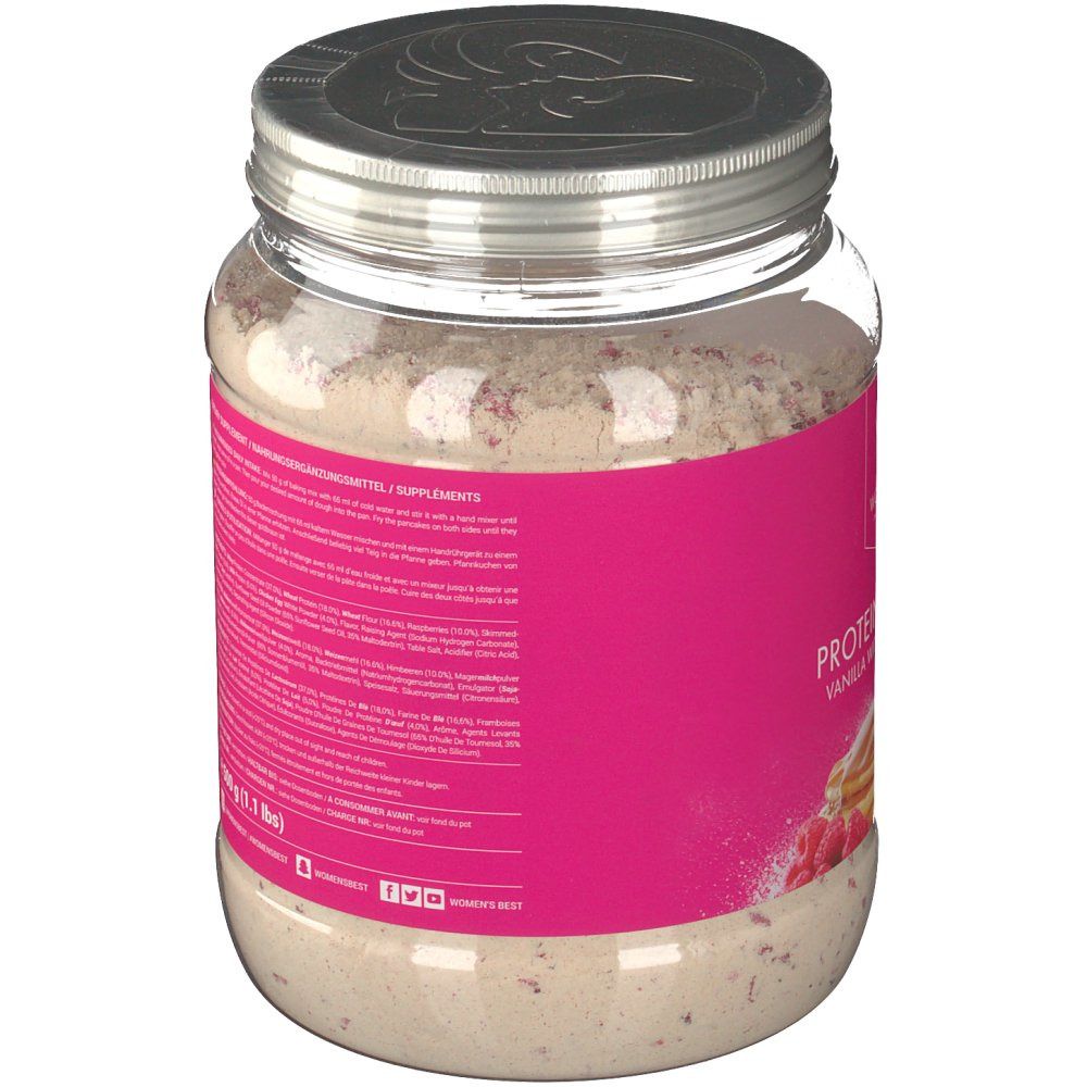 Rückseite des Protein Pfannkuchen-Glases. Rosa Etikett mit Nährwertangaben und Zutatenliste. E 500g (1.1 lbs).