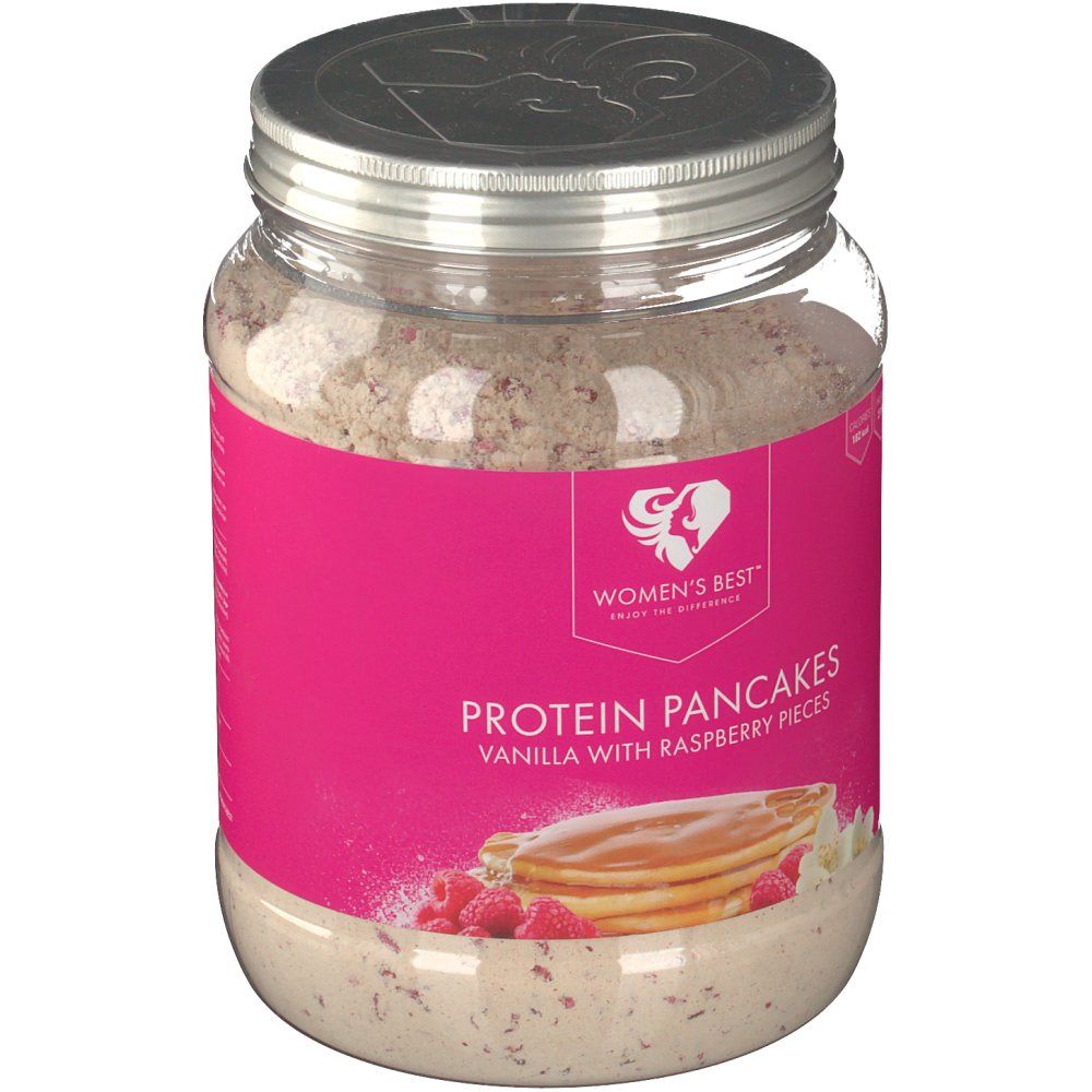 Glas mit Protein Pfannkuchen. Rosa Etikett mit Logo und Produktbezeichnung. Himbeer-Vanille-Stücke und Pfannkuchen-Abbildung.