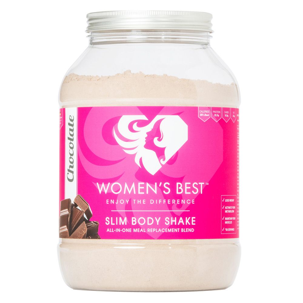 WOMEN'S BEST Slim Body Shake Schokolade. Dose mit Pulver, rosa Etikett, Schokoladenstücke.