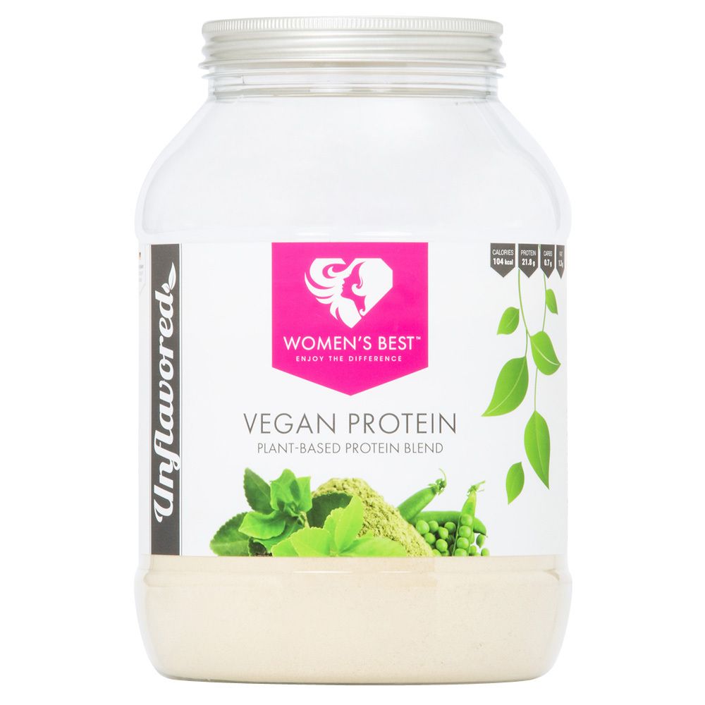 Récipient transparent de poudre de protéine végétalienne. Étiquette rose avec logo et texte: Vegan Protein. Sans saveur.