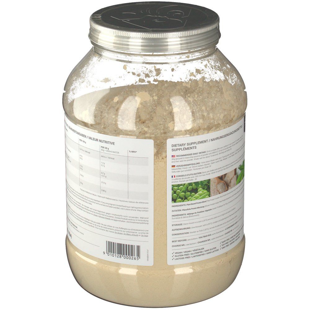 Récipient transparent de poudre de protéine végétalienne. Dos avec informations nutritionnelles et ingrédients. Couvercle en métal.