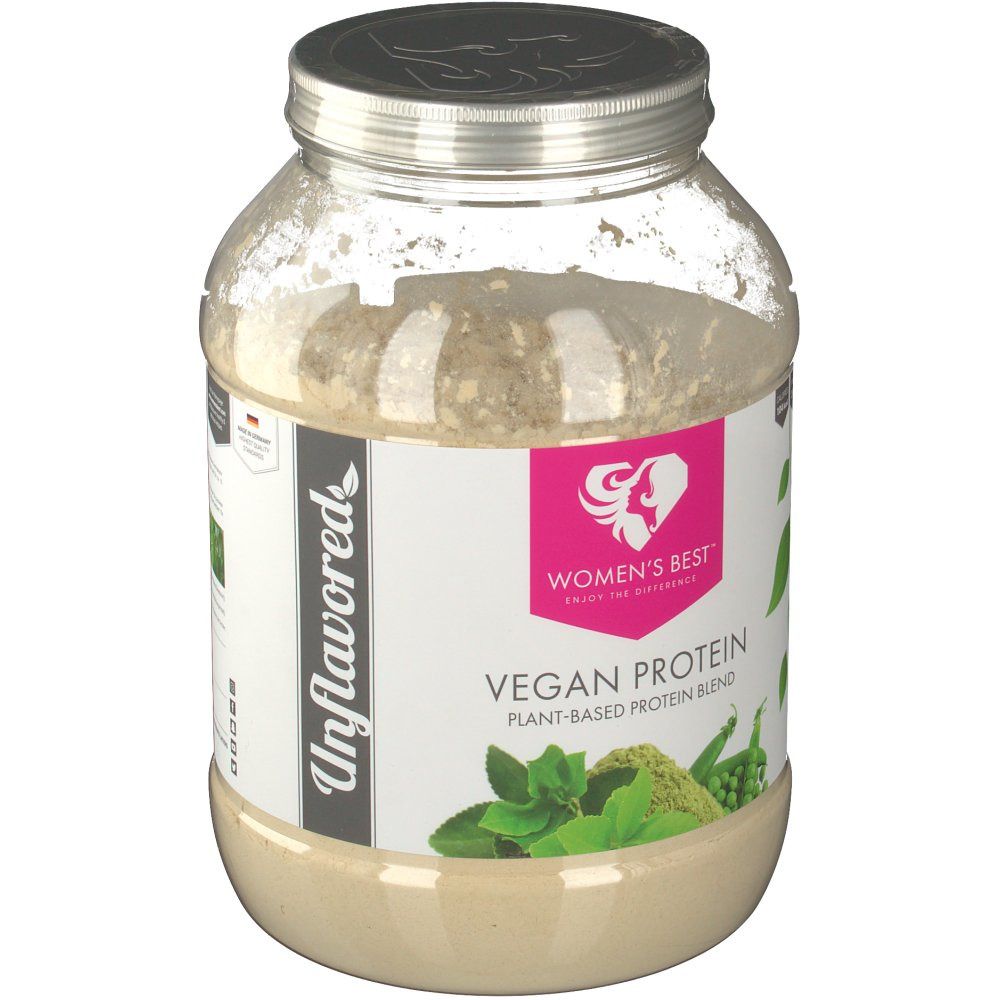 Récipient transparent de poudre de protéine végétalienne. Étiquette rose avec logo et texte: Vegan Protein. Sans saveur.
