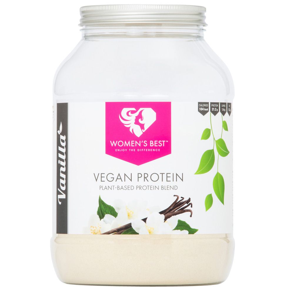 Transparenter Behälter mit veganem Protein. Aufkleber mit Logo, Produktname und Vanille-Illustrationen.
