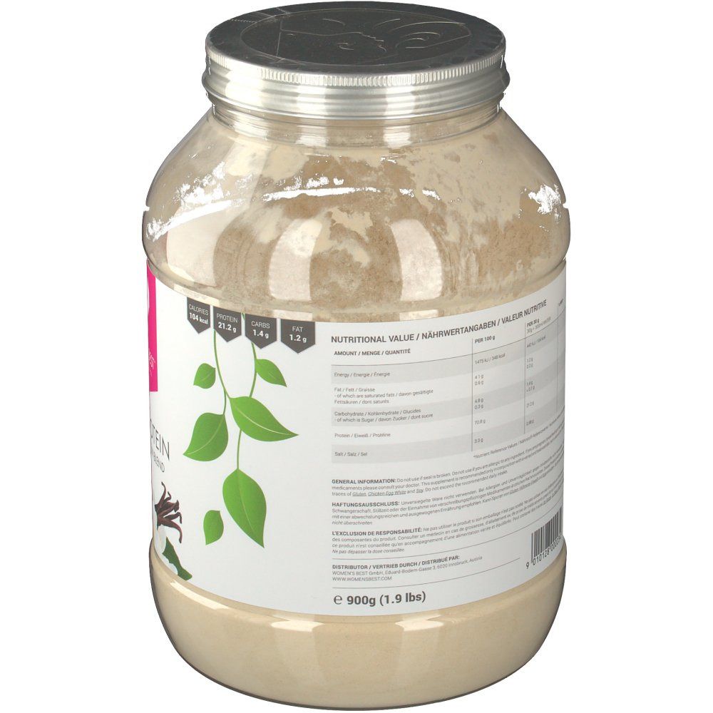 Behälter mit veganem Protein. Rückseite mit Nährwertangaben und Inhaltsstoffen. Deckel aus Metall.