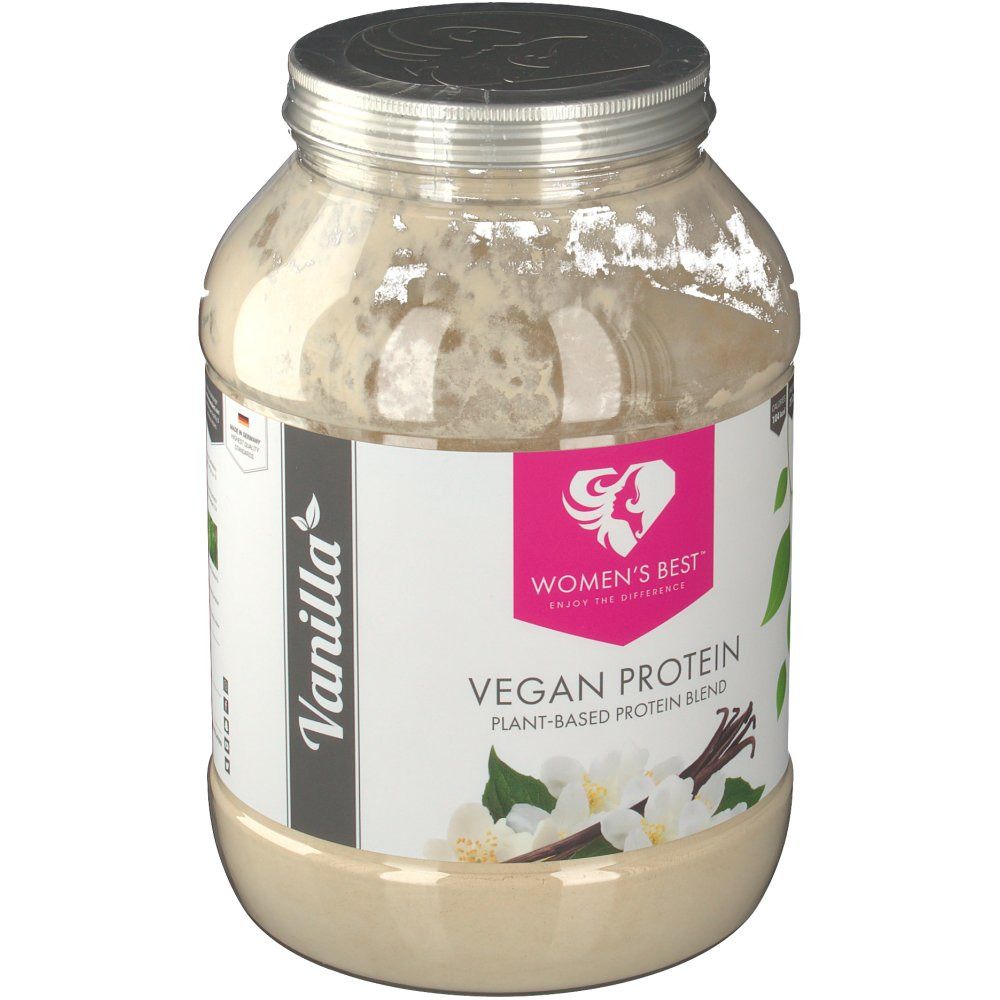 Behälter mit veganem Protein. Etikett mit Logo, Produktname und Vanille-Illustrationen. Deckel aus Metall.