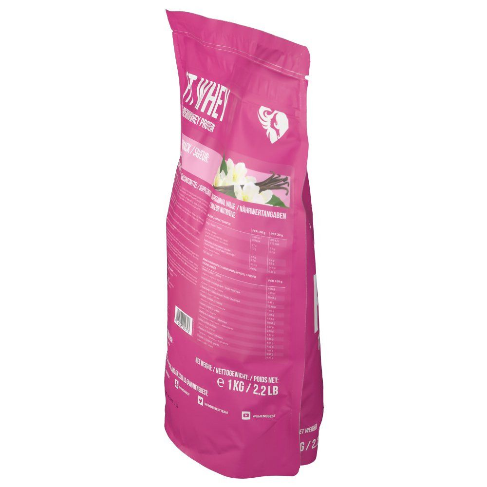 Seitenansicht des rosa Beutels mit "WOMEN'S BEST - Fit Whey - Vanille". Enthält Nährwertangaben und Inhaltsstoffe.