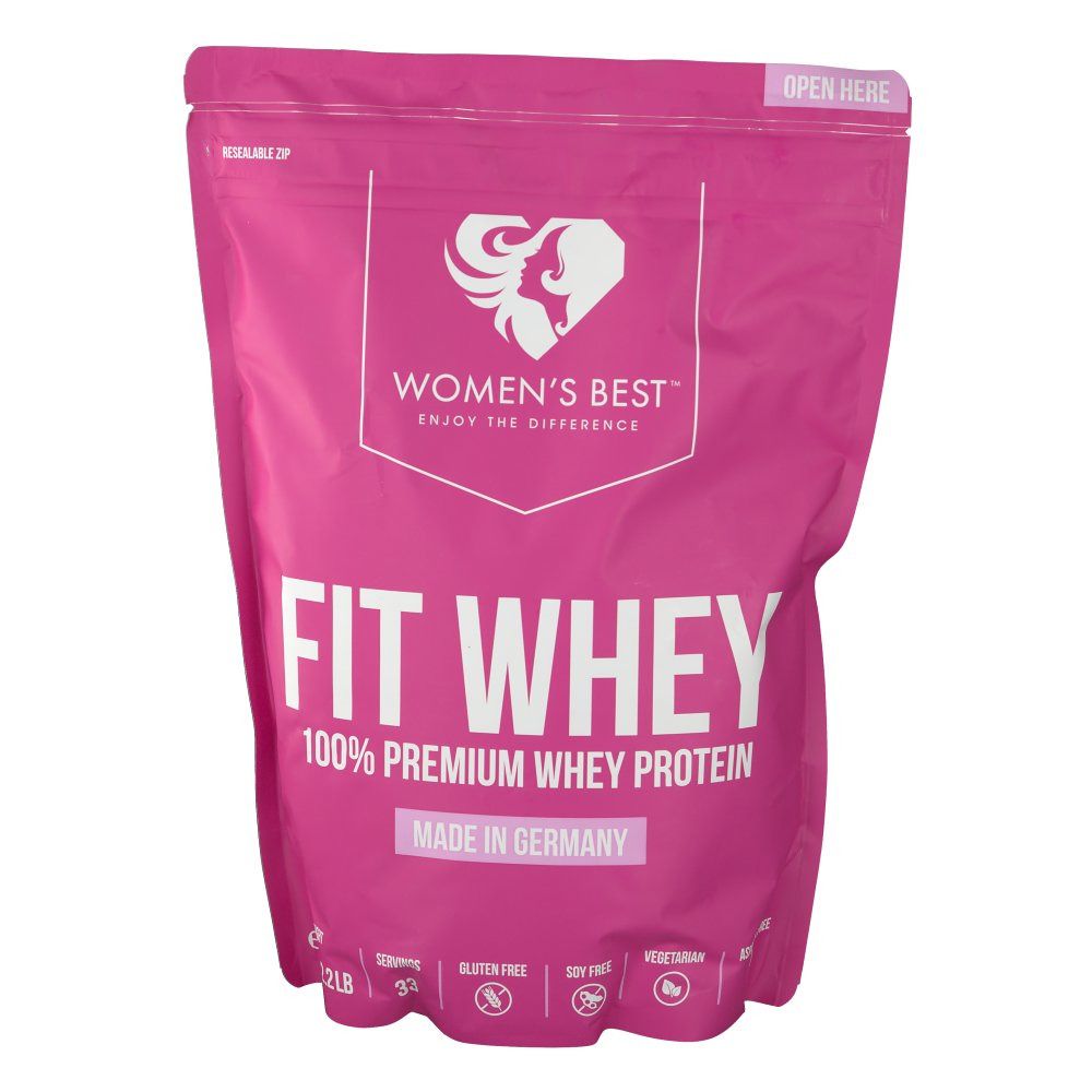 Rosa Beutel mit "WOMEN'S BEST - Fit Whey - Vanille" Aufdruck. Enthält Proteinpulver. "Made in Germany".
