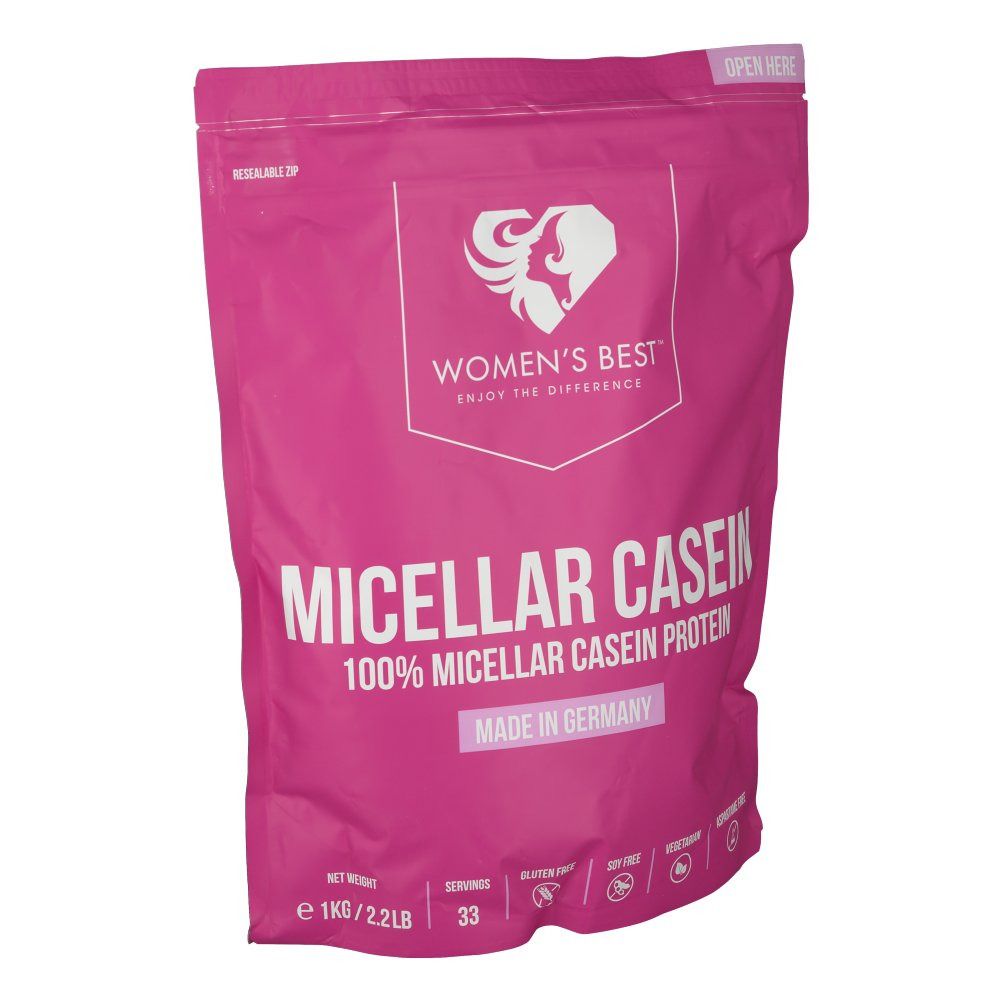 Rosa Beutel mit Aufschrift "WOMEN'S BEST", "MICELAR CASEIN". Enthält 1 kg Protein. "Made in Germany".