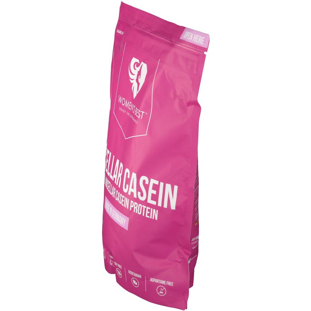 Rosa Beutel mit "WOMEN'S BEST" und "MICELAR CASEIN". Seitenansicht. "Made in Germany".