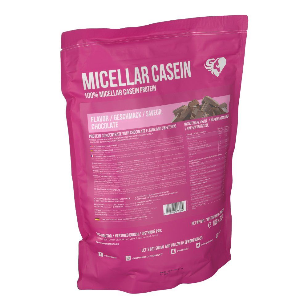 Rückseite des rosa Beutels. Enthält Informationen zu Inhaltsstoffen und Nährwerten. "MICELAR CASEIN".