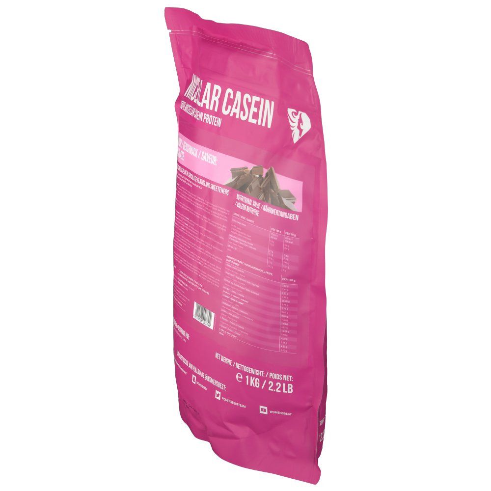 Seitenansicht des rosa Beutels. Enthält Informationen zu Inhaltsstoffen und Nährwerten. "MICELAR CASEIN".