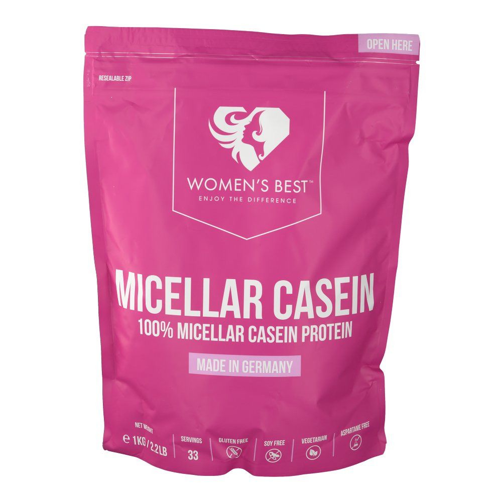Rosa Beutel mit "WOMEN'S BEST" und "MICELAR CASEIN". Enthält 1 kg Protein. "Made in Germany".