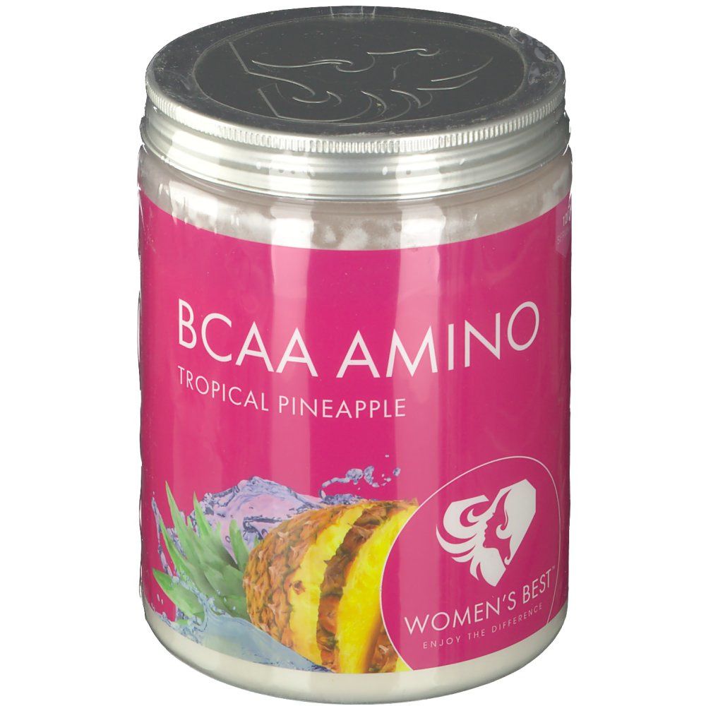 Rosa Dose mit "BCAA AMINO Tropische Ananas"-Aufdruck. Logo von Women's Best. Ananas-Illustration.