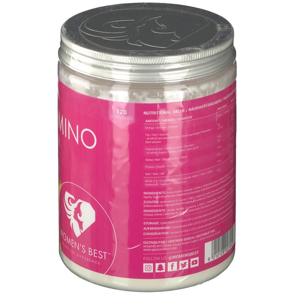 Rückseite der rosa Dose. Enthält Nährwertangaben, Zutatenliste und Lagerungshinweise. Women's Best Logo.